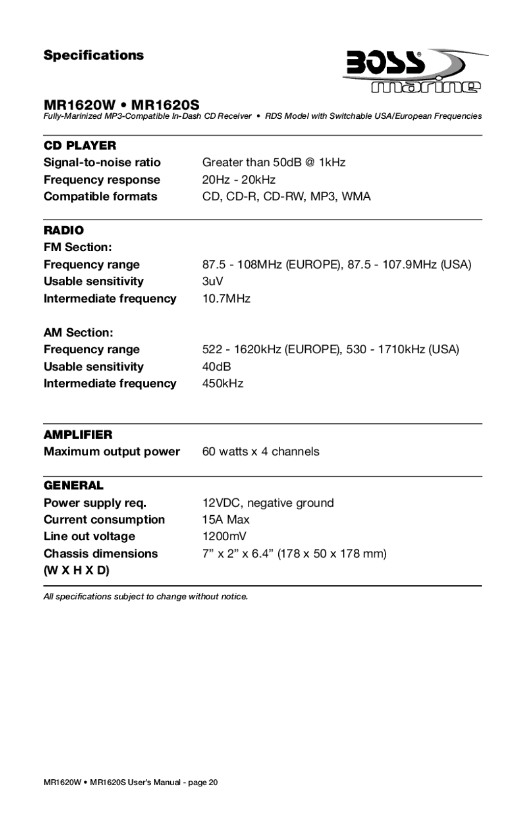 Boss Audio Systems manual Specifications MR1620W MR1620S, CD Player 