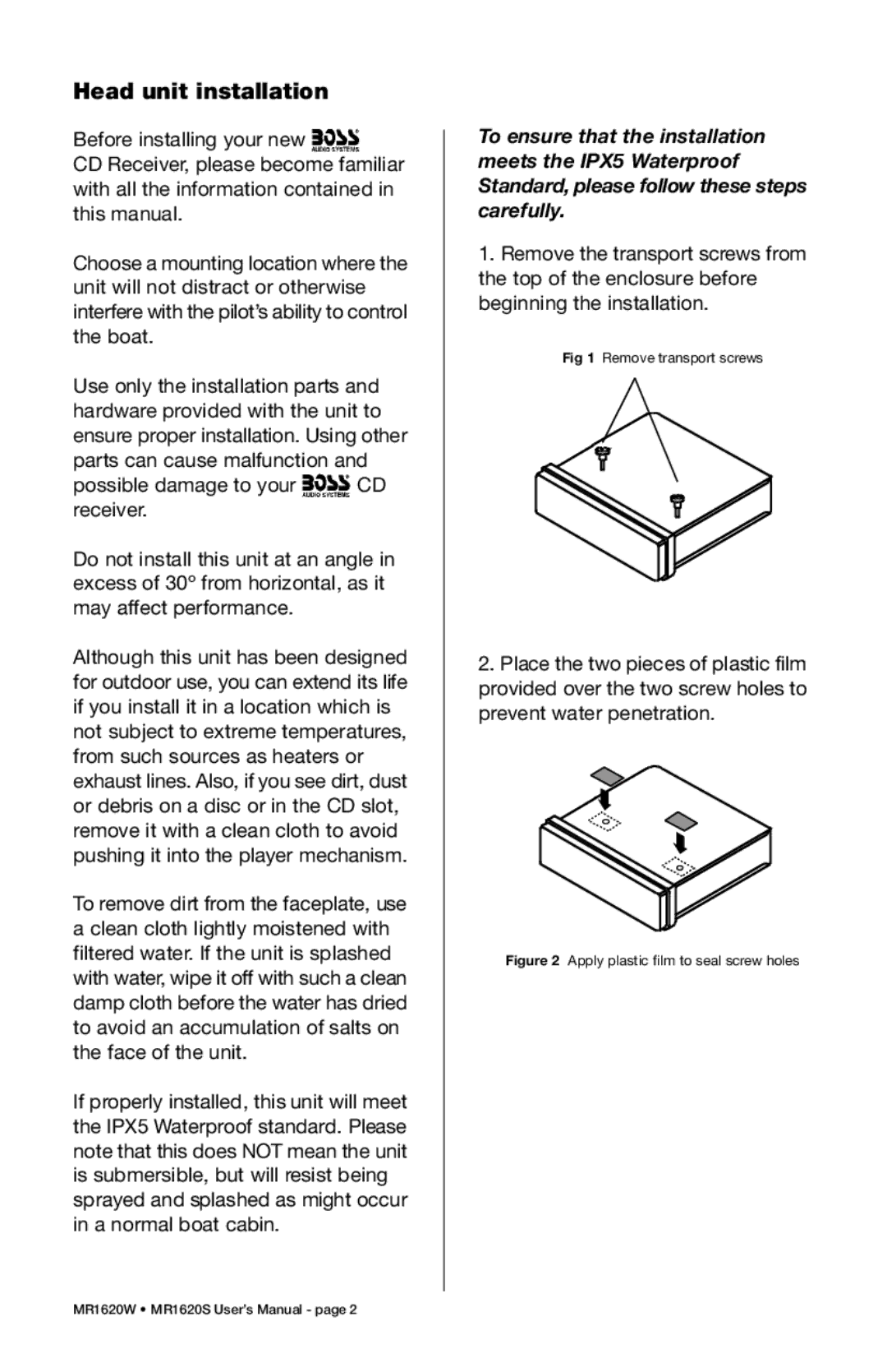 Boss Audio Systems MR1620S, MR1620W manual Head unit installation 