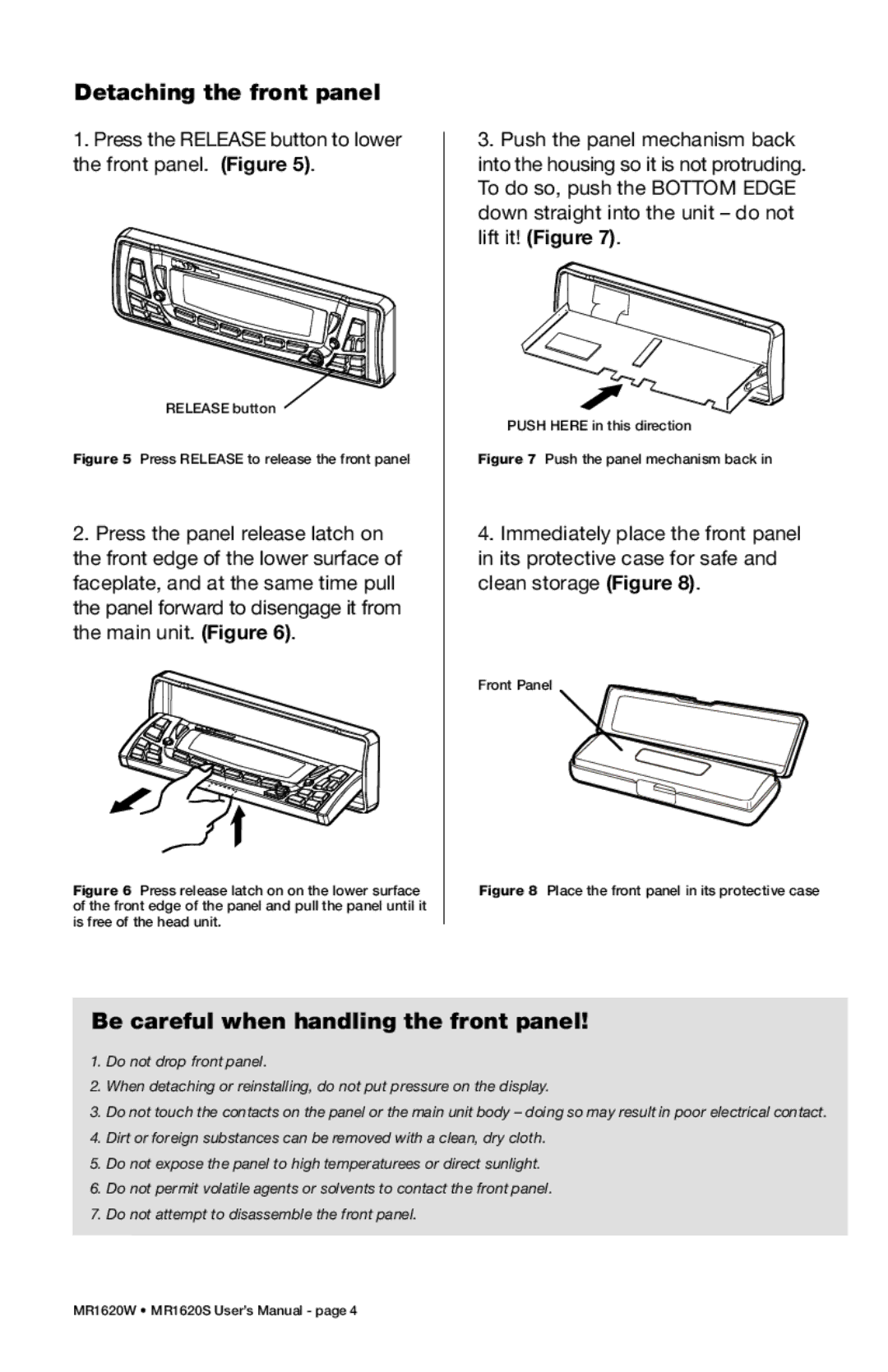 Boss Audio Systems MR1620S, MR1620W manual Detaching the front panel, Be careful when handling the front panel 