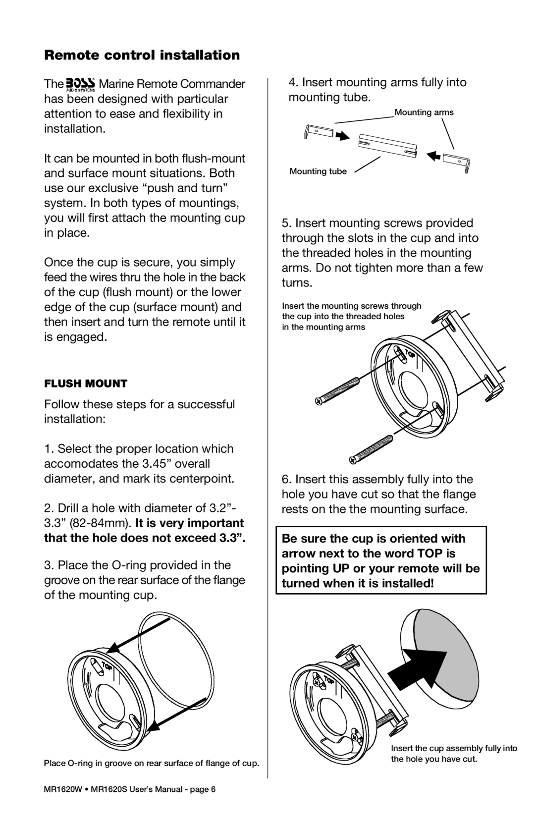 Boss Audio Systems MR1620S, MR1620W manual Remote control installation, Flush Mount 
