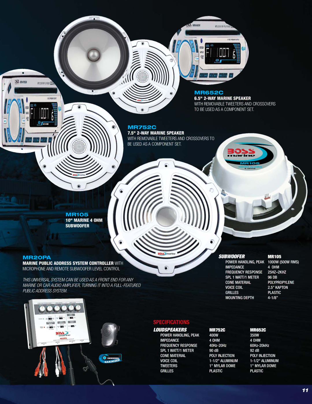 Boss Audio Systems MR1620W, MR1640W, MR2080W, MR1620S, MR1600W manual MR652C, MR752C, MR105, MR20PA 