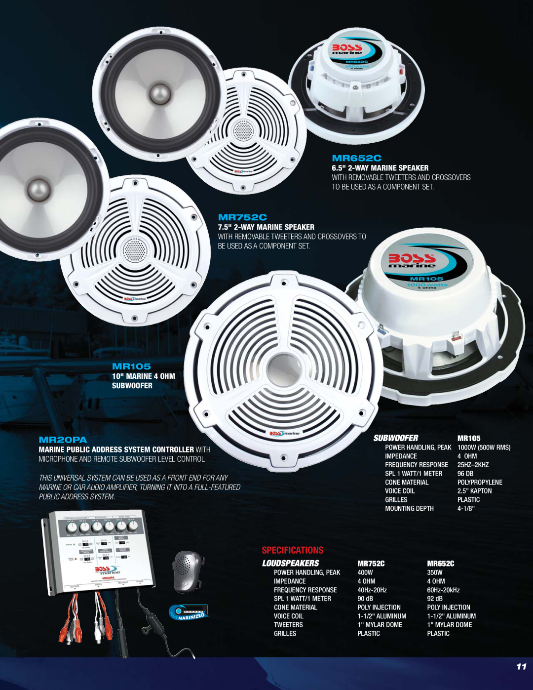 Boss Audio Systems MR1620W Specifications, MR652C, MR752C, MR105, MR20PA, Subwoofer, Loudspeakers, 6.5 2-WAYMARINE SPEAKER 