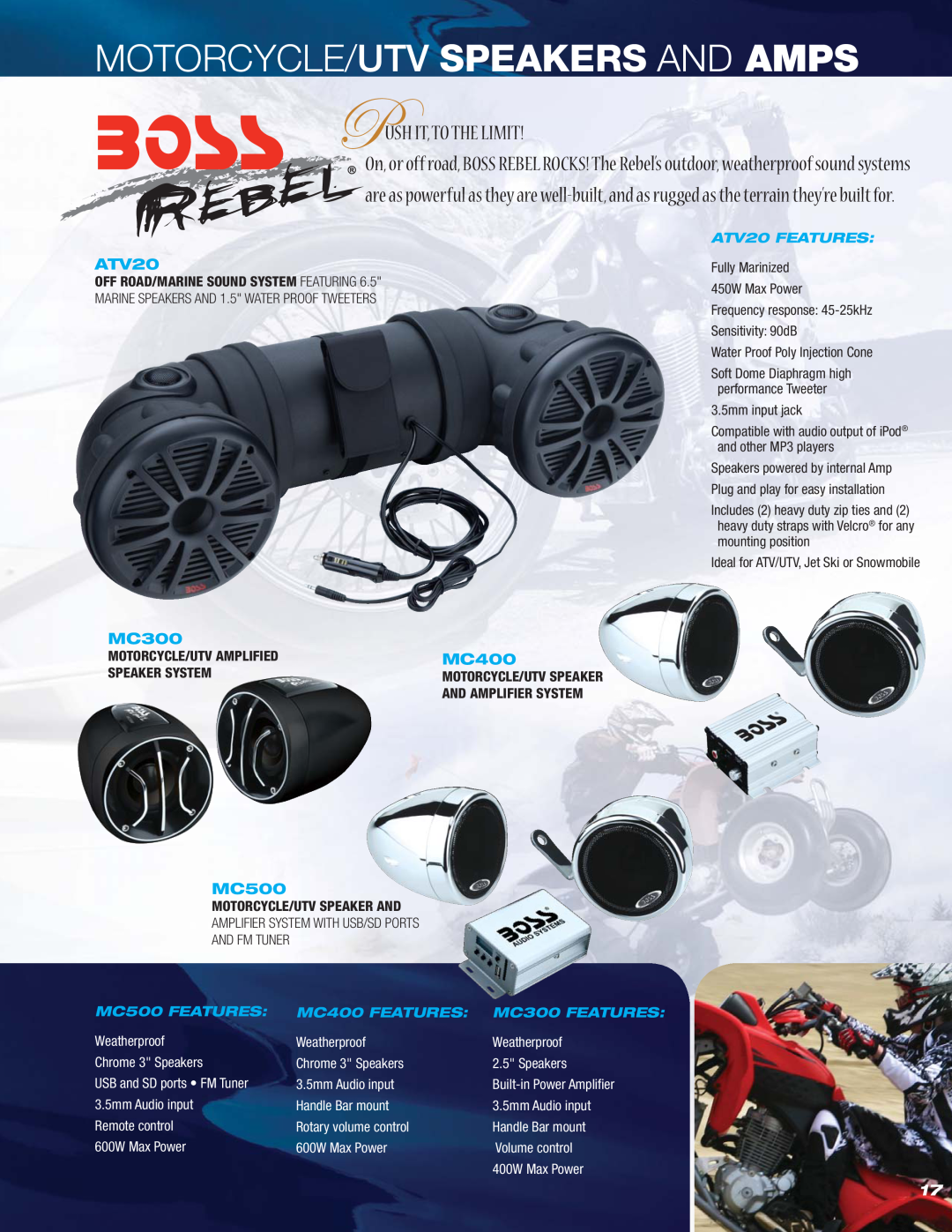 Boss Audio Systems MR1640W, MR1620W Motorcycle/Utv Speakers And Amps, Push It,To The Limit, ATV20, MC300, MC500, MC400 