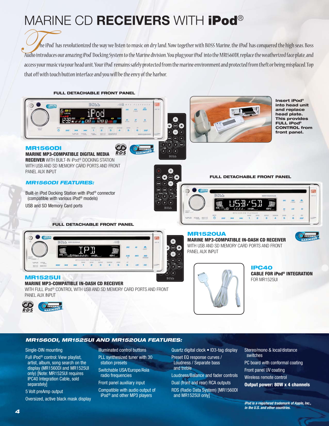 Boss Audio Systems MR1640W, MR1620W manual MARINE CD RECEIVERS WITH iPod, MR1525UI, MR1520UA, IPC40, MR1560DI FEATURES 