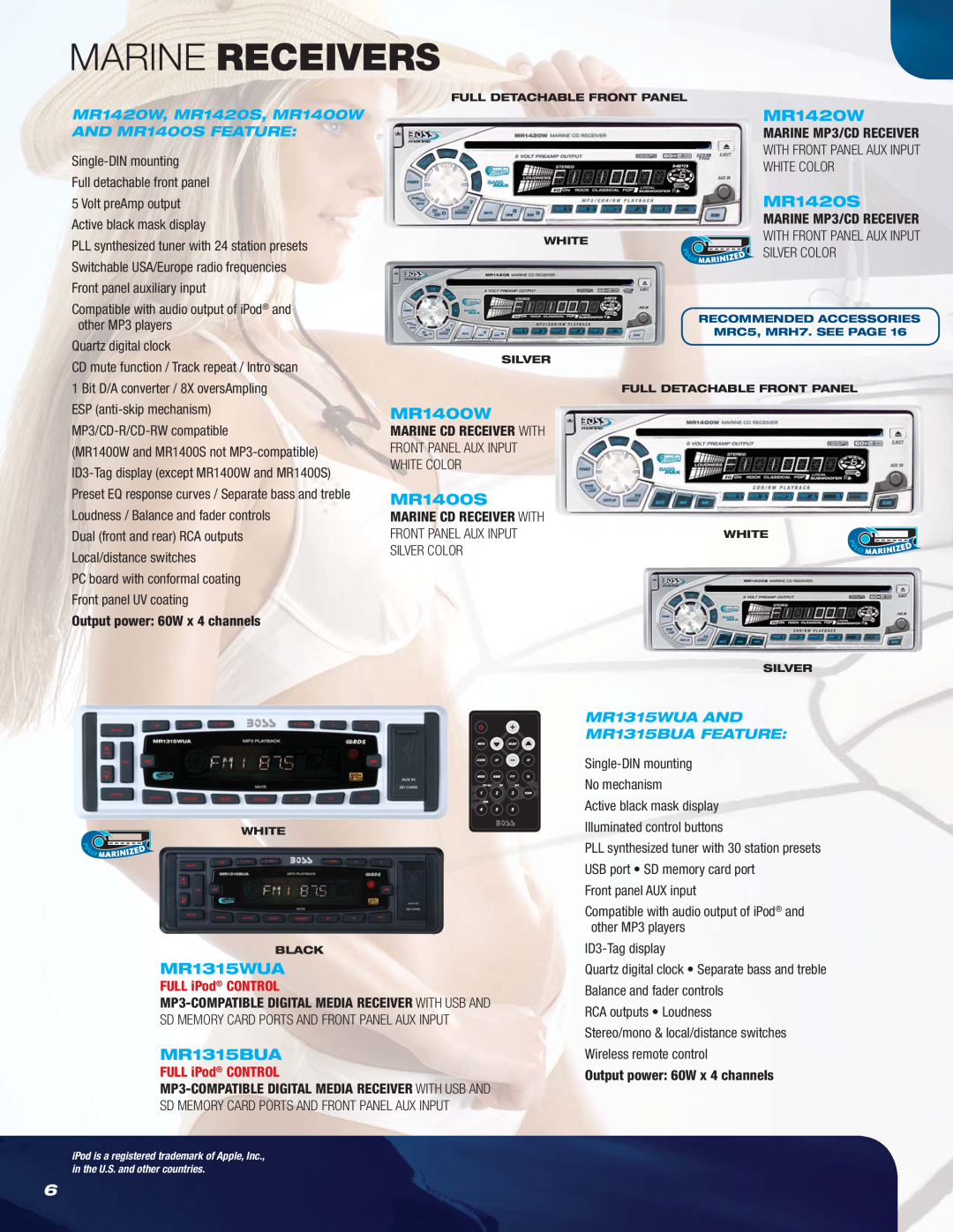 Boss Audio Systems MR1620S Marine Receivers, MR1400W, MR1400S, MR1420W, MR1420S, MR1315WUA, MR1315BUA, FULL iPod CONTROL 