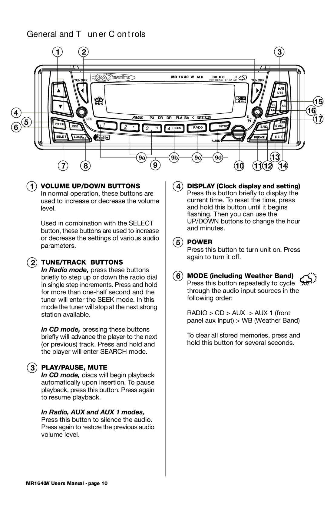 Boss Audio Systems MR1640W General and Tuner Controls, Volume UP/DOWN Buttons, TUNE/TRACK Buttons, PLAY/PAUSE, Mute, Power 