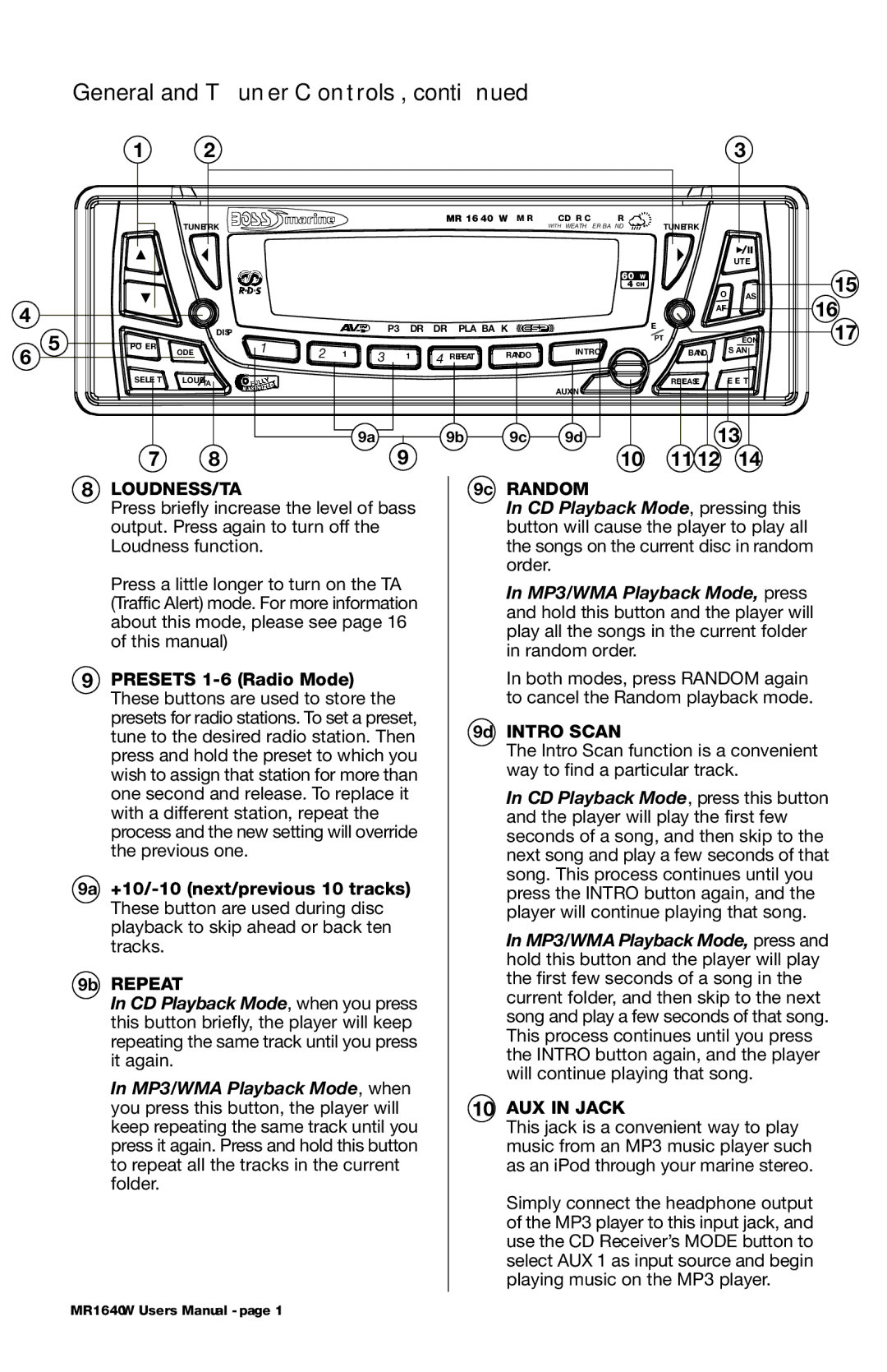 Boss Audio Systems MR1640W manual Loudness/Ta, 9b Repeat, 9c Random, 9d Intro Scan, AUX in Jack 
