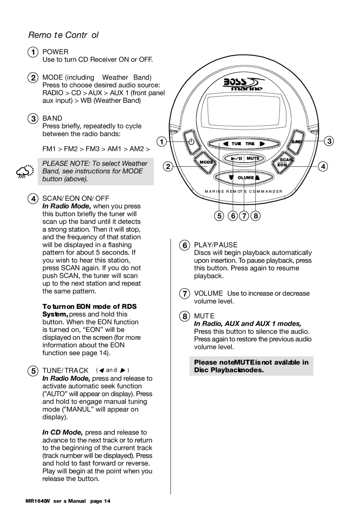 Boss Audio Systems MR1640W manual Remote Control, Scan/Eon On/Off, Tune/Track, Play/Pause, Mute 