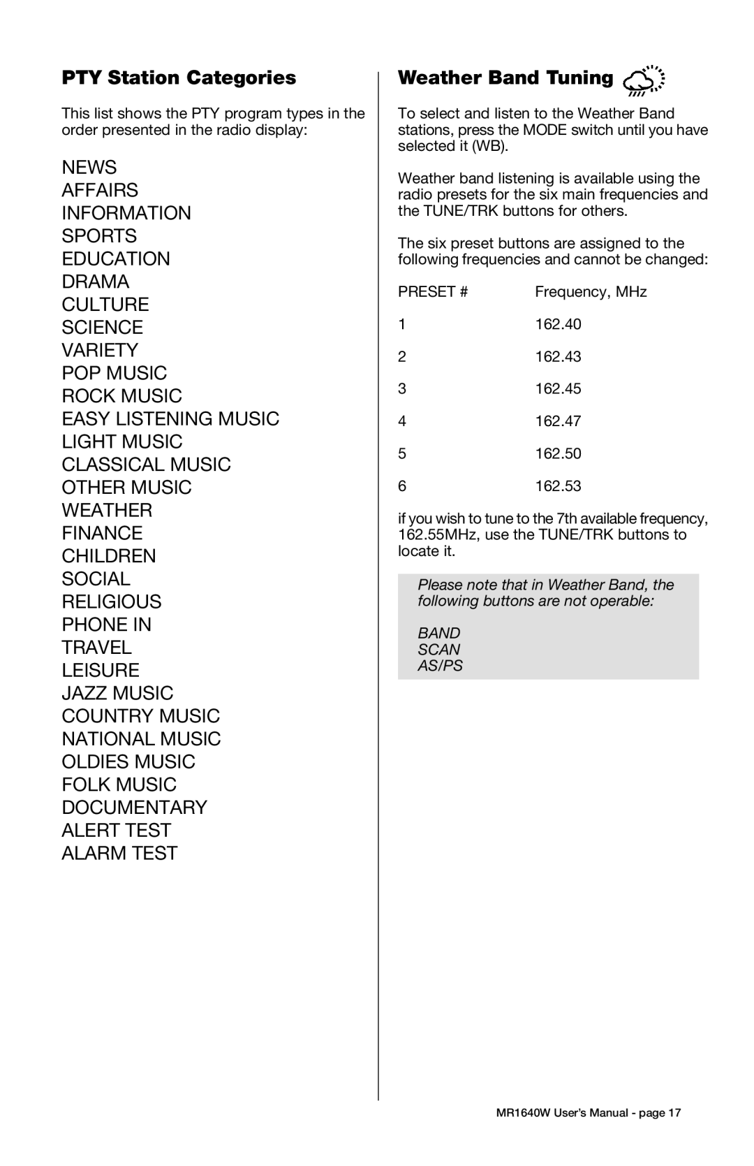 Boss Audio Systems MR1640W manual PTY Station Categories, Weather Band Tuning 