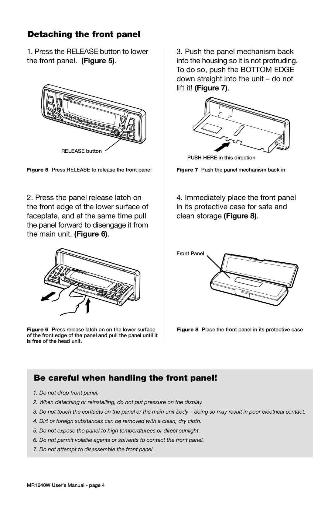 Boss Audio Systems MR1640W manual Detaching the front panel, Be careful when handling the front panel 