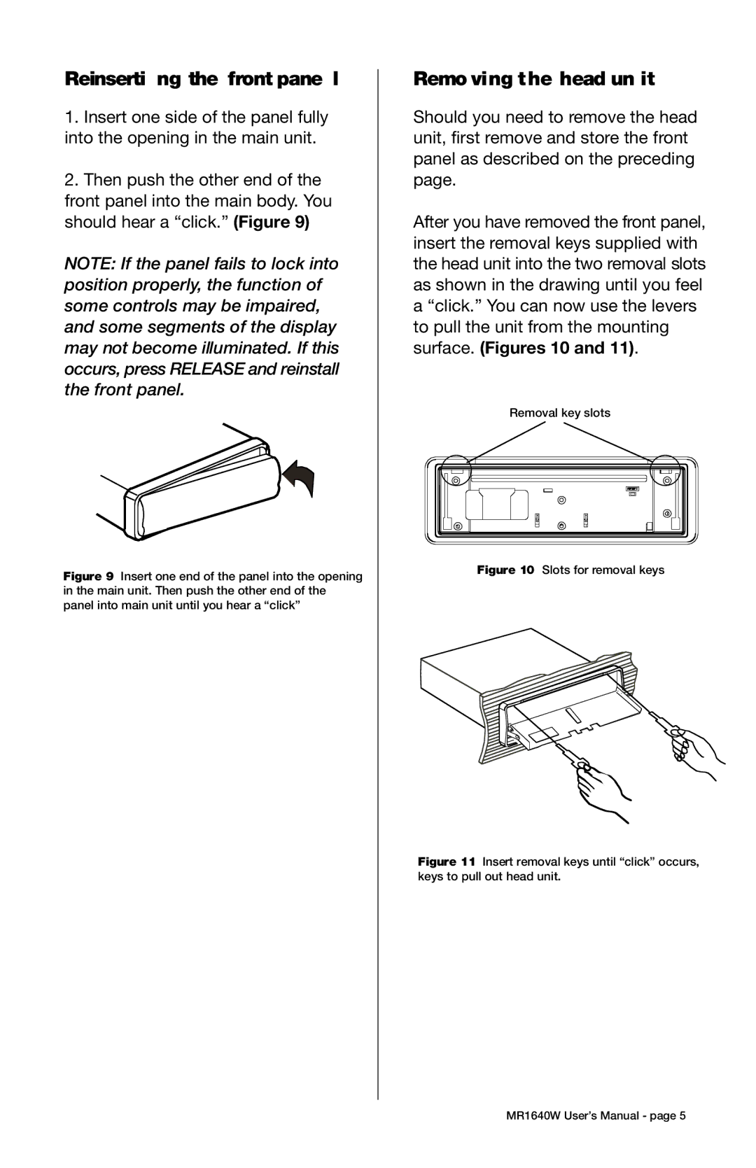 Boss Audio Systems MR1640W manual Reinserting the front panel, Removing the head unit 