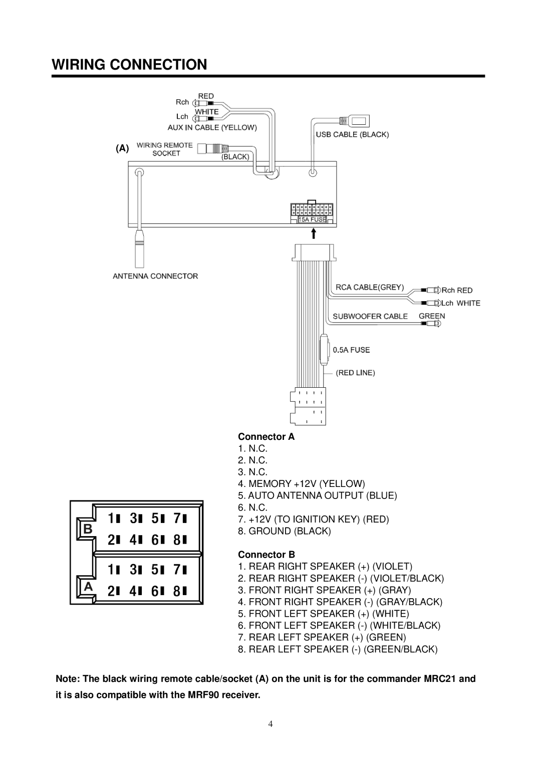 Boss Audio Systems MR218OUA manual Wiring Connection, Connector B 