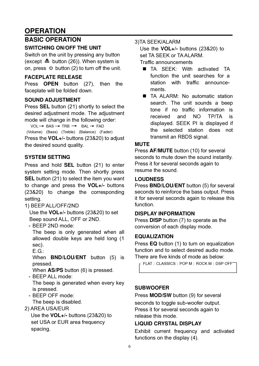 Boss Audio Systems MR218OUA manual Basic Operation 