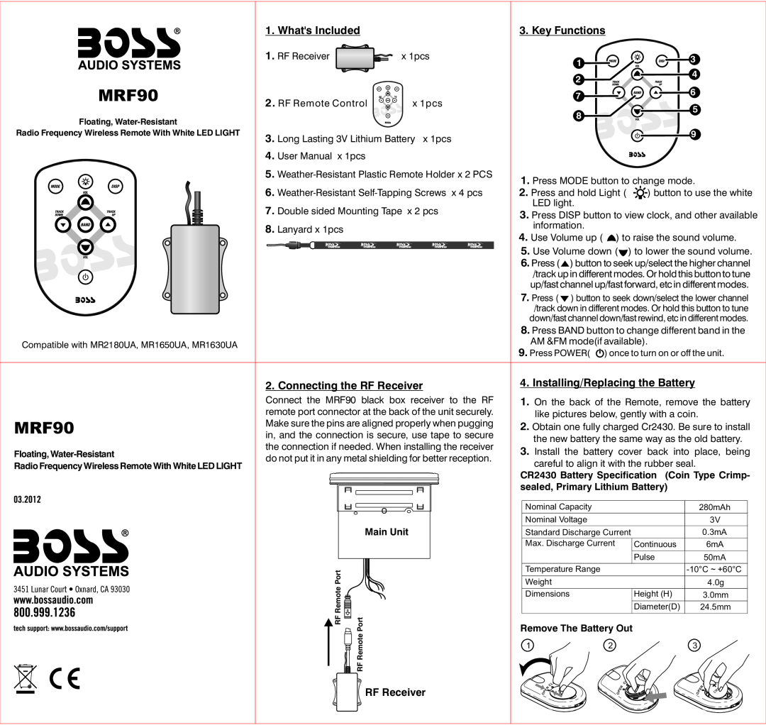 Boss Audio Systems MRF90 user manual Whats Included, Key Functions, Connecting the RF Receiver, Main Unit 