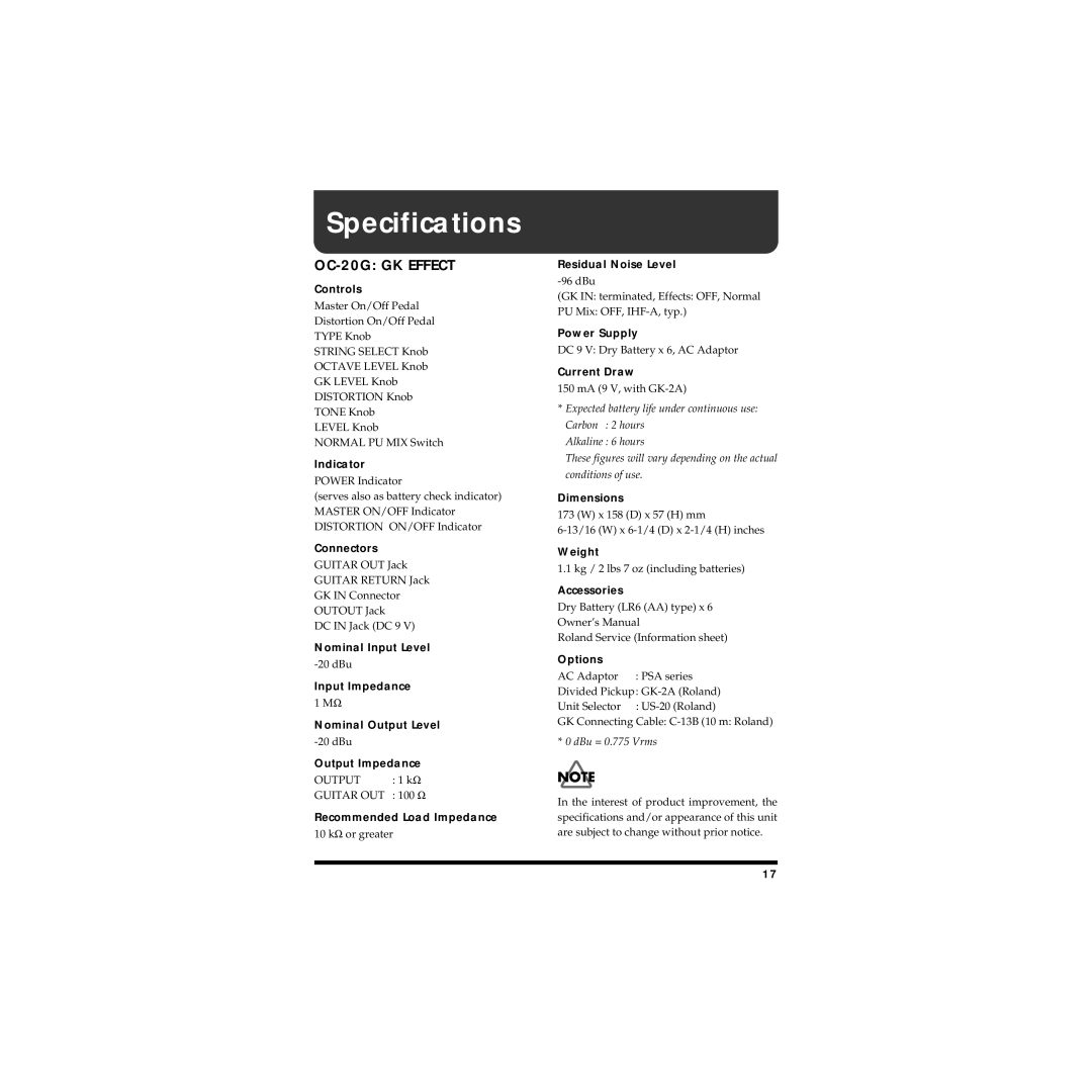 Boss Audio Systems owner manual Specifications, OC-20G GK Effect 