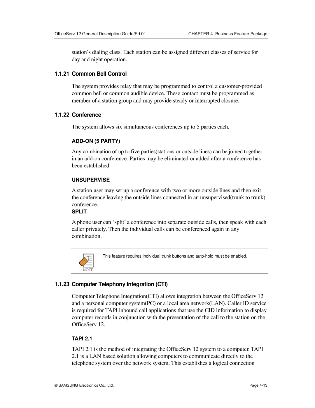 Boss Audio Systems OfficeServ 12 manual Common Bell Control, Conference, Computer Telephony Integration CTI 