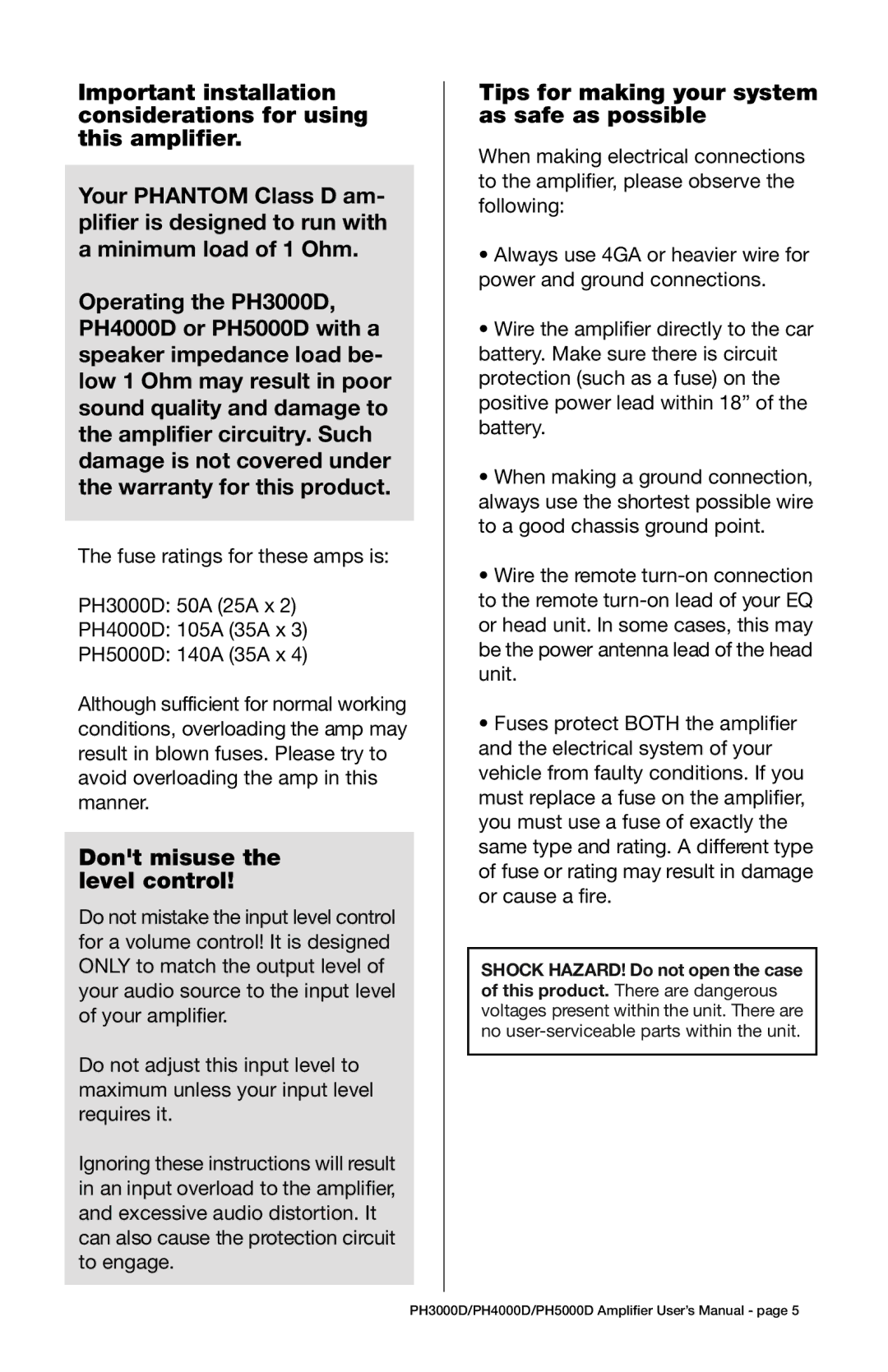 Boss Audio Systems PH3000D, PH5000D, PH4000D Dont misuse the level control, Tips for making your system as safe as possible 