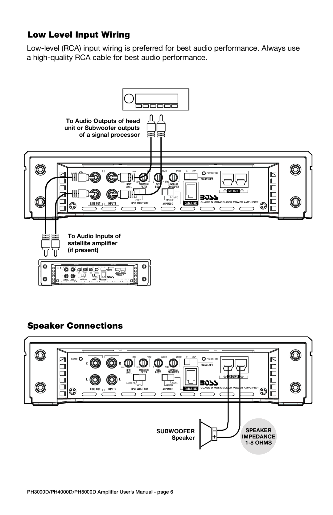 Boss Audio Systems PH5000D, PH4000D, PH3000D user manual Low Level Input Wiring, Speaker Connections, A signal processor 