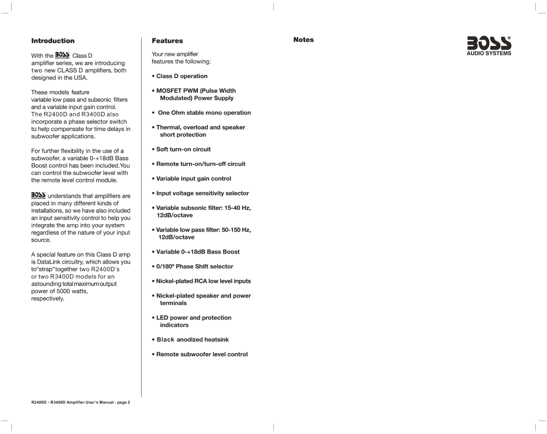 Boss Audio Systems manual R2400D·R3400D Amplifier User’s Manual 