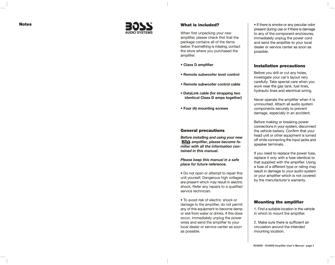 Boss Audio Systems manual R2400D·R3400D Amplifier User’s Manual 