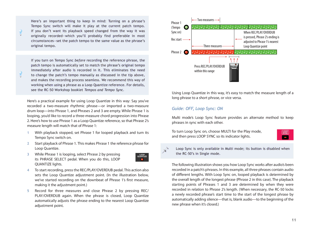 Boss Audio Systems RC50 manual Guide OFF, Loop Sync on, Phrase Two measures 