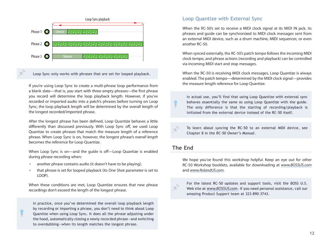 Boss Audio Systems RC50 manual End, Loop Quantize with External Sync 