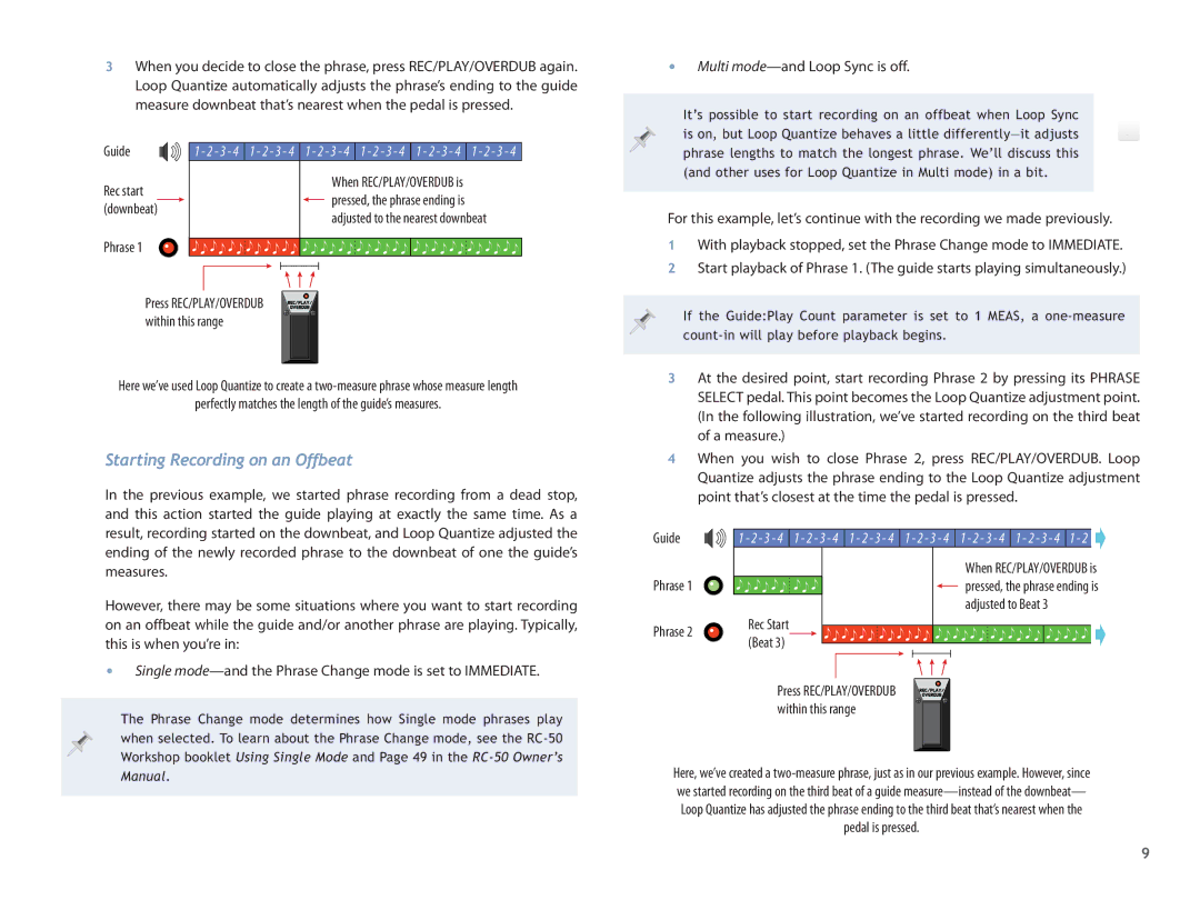 Boss Audio Systems RC50 manual Starting Recording on an Offbeat, Perfectly matches the length of the guide’s measures 