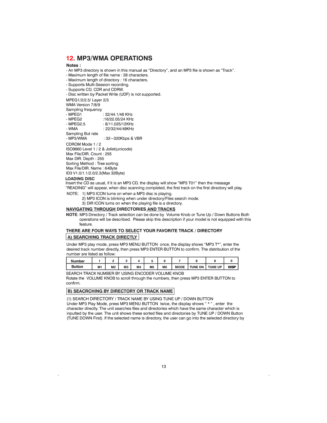 Boss Audio Systems RDS735UA manual 12. MP3/WMA Operations, Seacrching by Directory or Track Name 