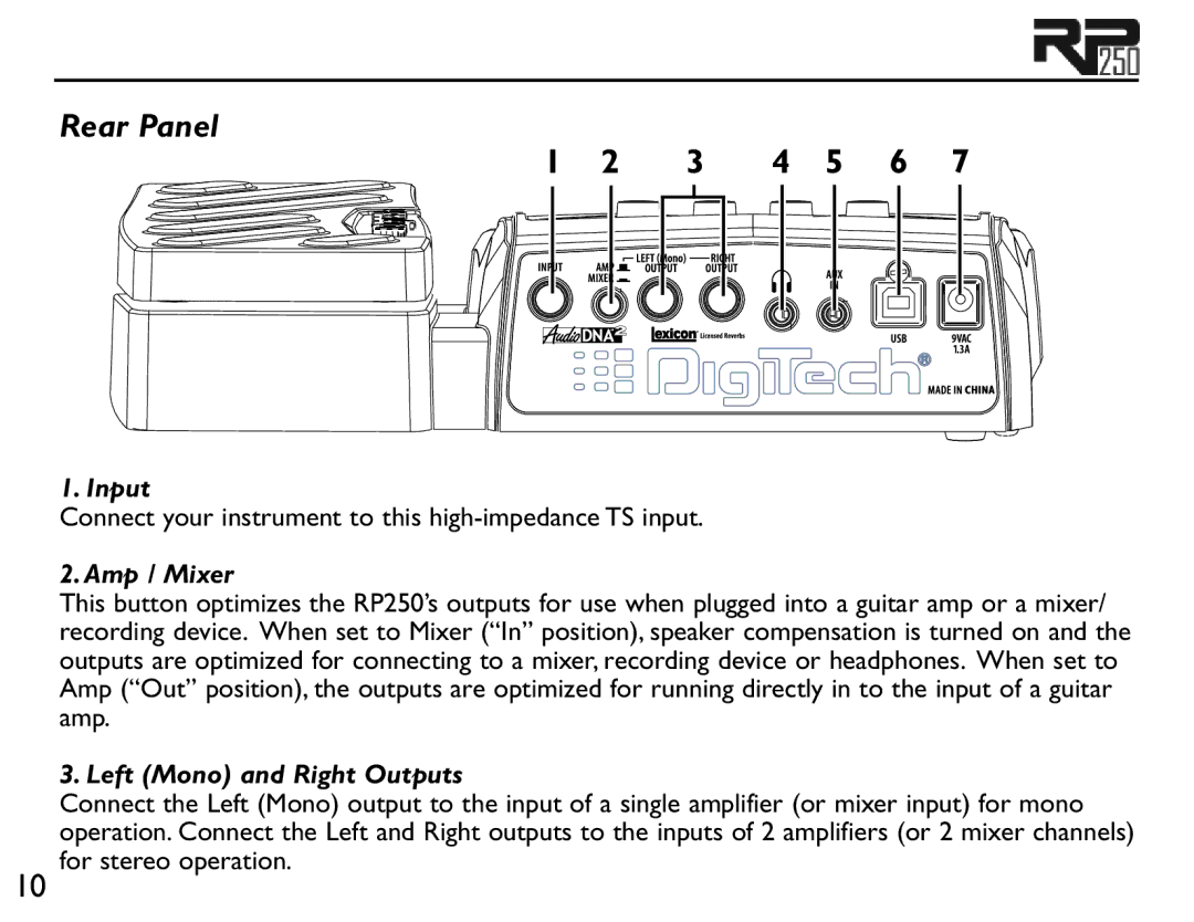 Boss Audio Systems RP250 user manual Rear Panel, 3 4 5 6 