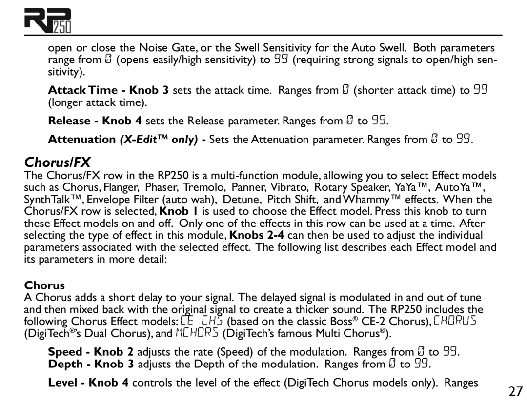 Boss Audio Systems RP250 user manual Chorus/FX 
