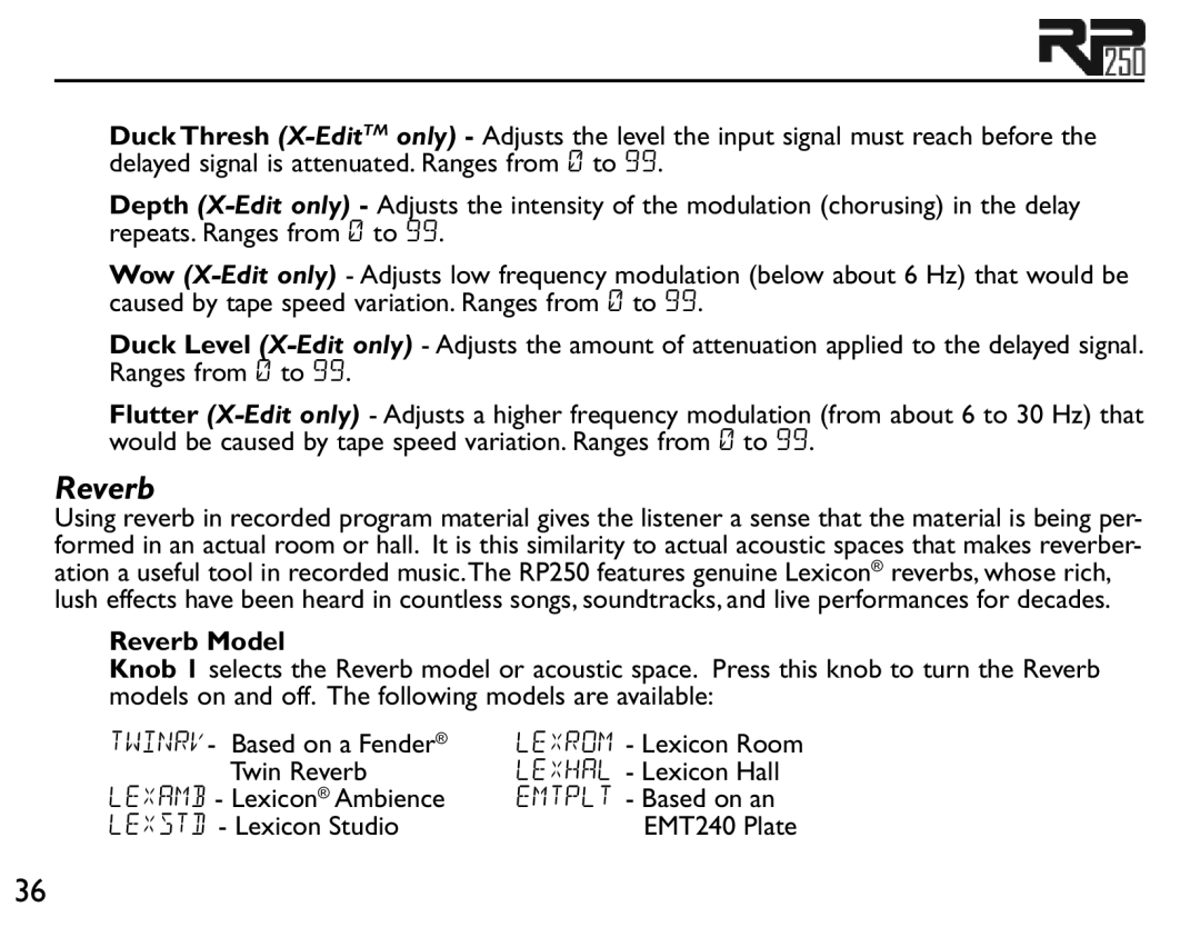 Boss Audio Systems RP250 user manual Reverb Model 