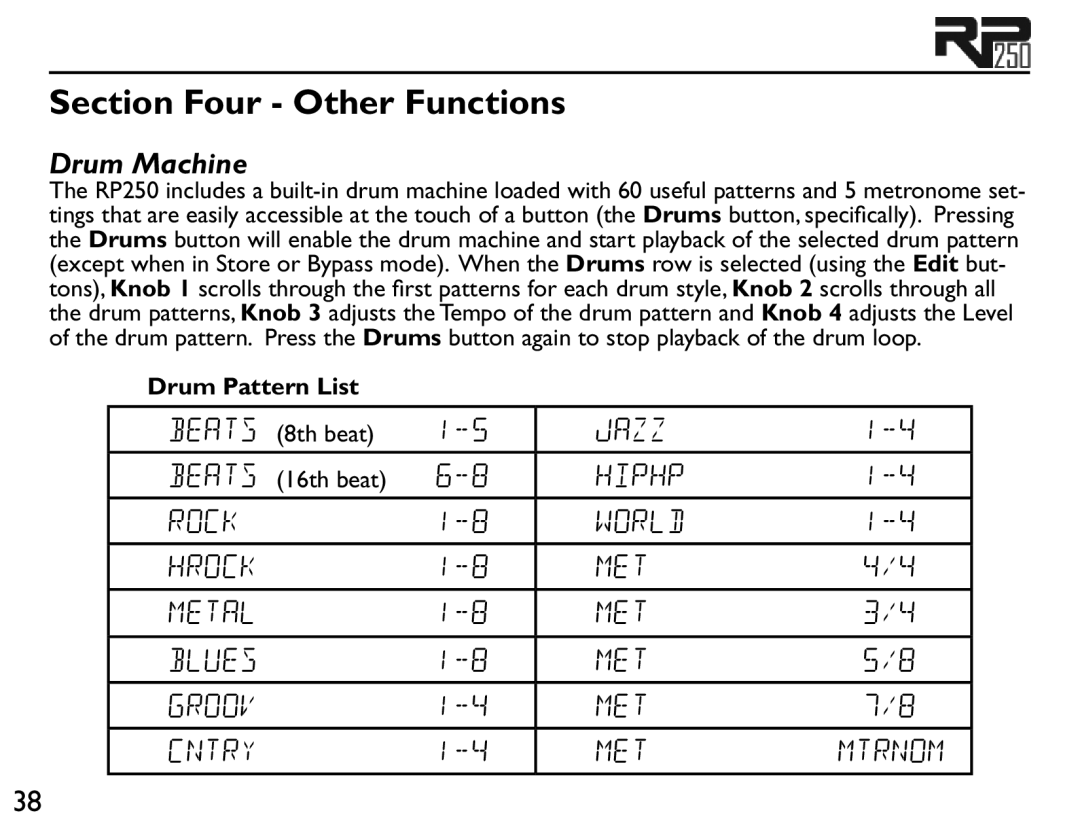 Boss Audio Systems RP250 user manual Drum Machine, Drum Pattern List 