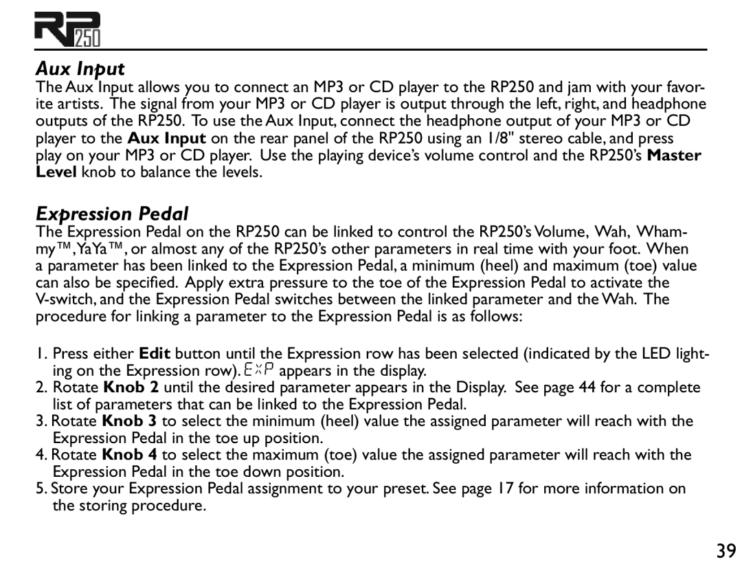 Boss Audio Systems RP250 user manual Aux Input, Expression Pedal 