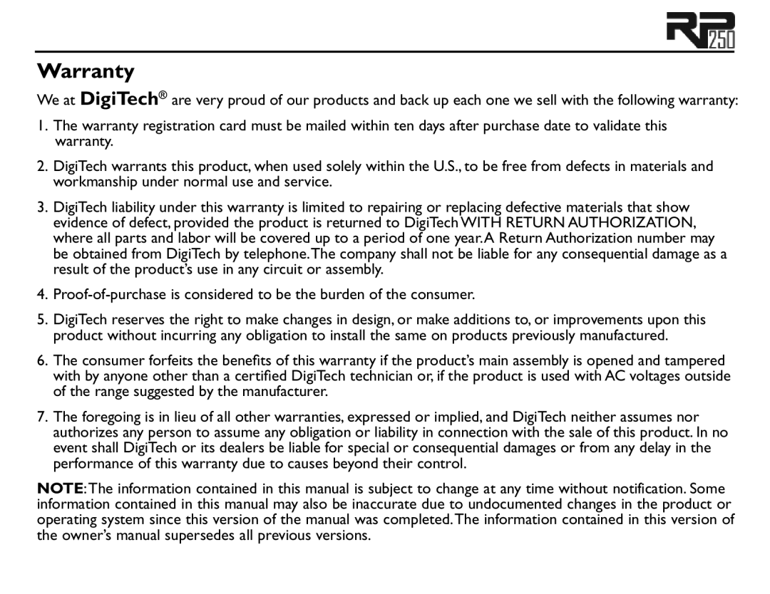 Boss Audio Systems RP250 user manual Warranty 