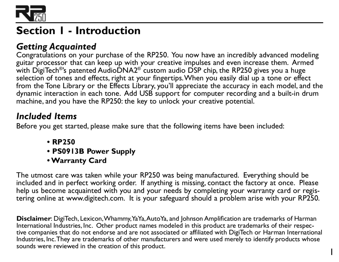 Boss Audio Systems user manual Getting Acquainted, Included Items, RP250 PS0913B Power Supply Warranty Card 