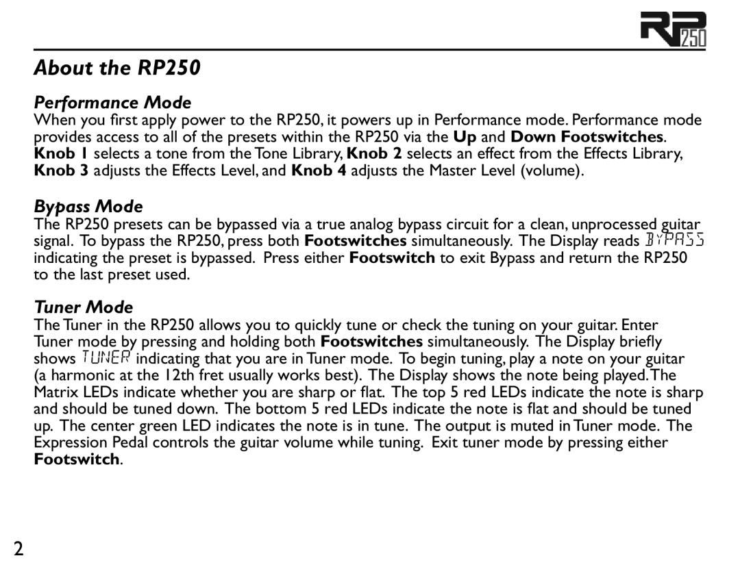 Boss Audio Systems user manual About the RP250, Performance Mode, Bypass Mode, Tuner Mode 