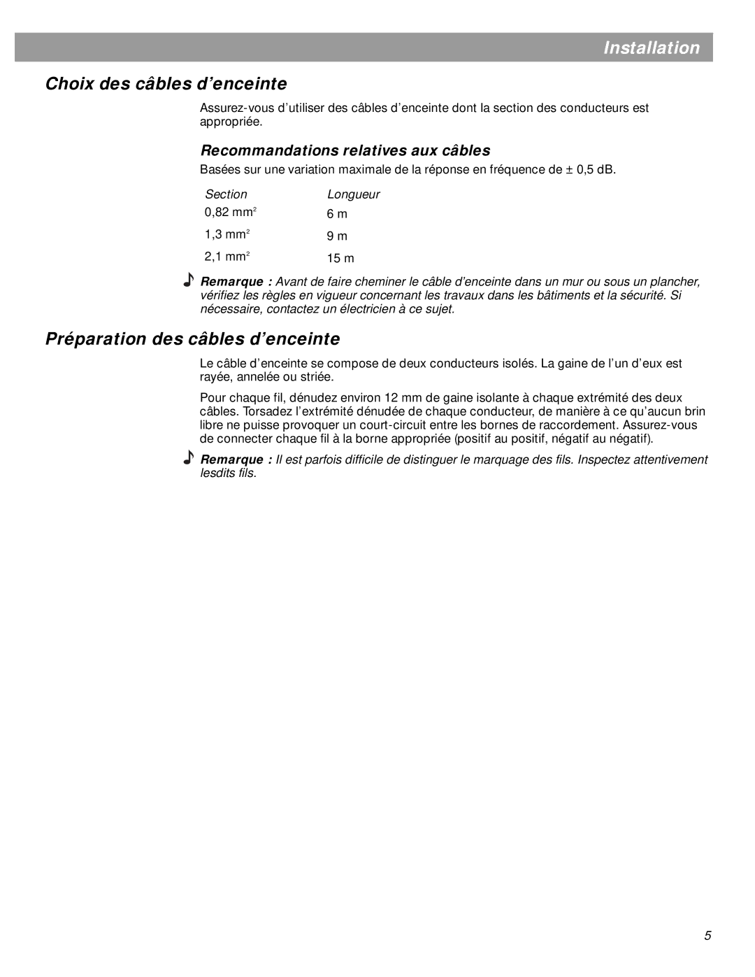 Boss Audio Systems 201 Black (Pr.), Series V, 301 manual Choix des câbles d’enceinte, Préparation des câbles d’enceinte 