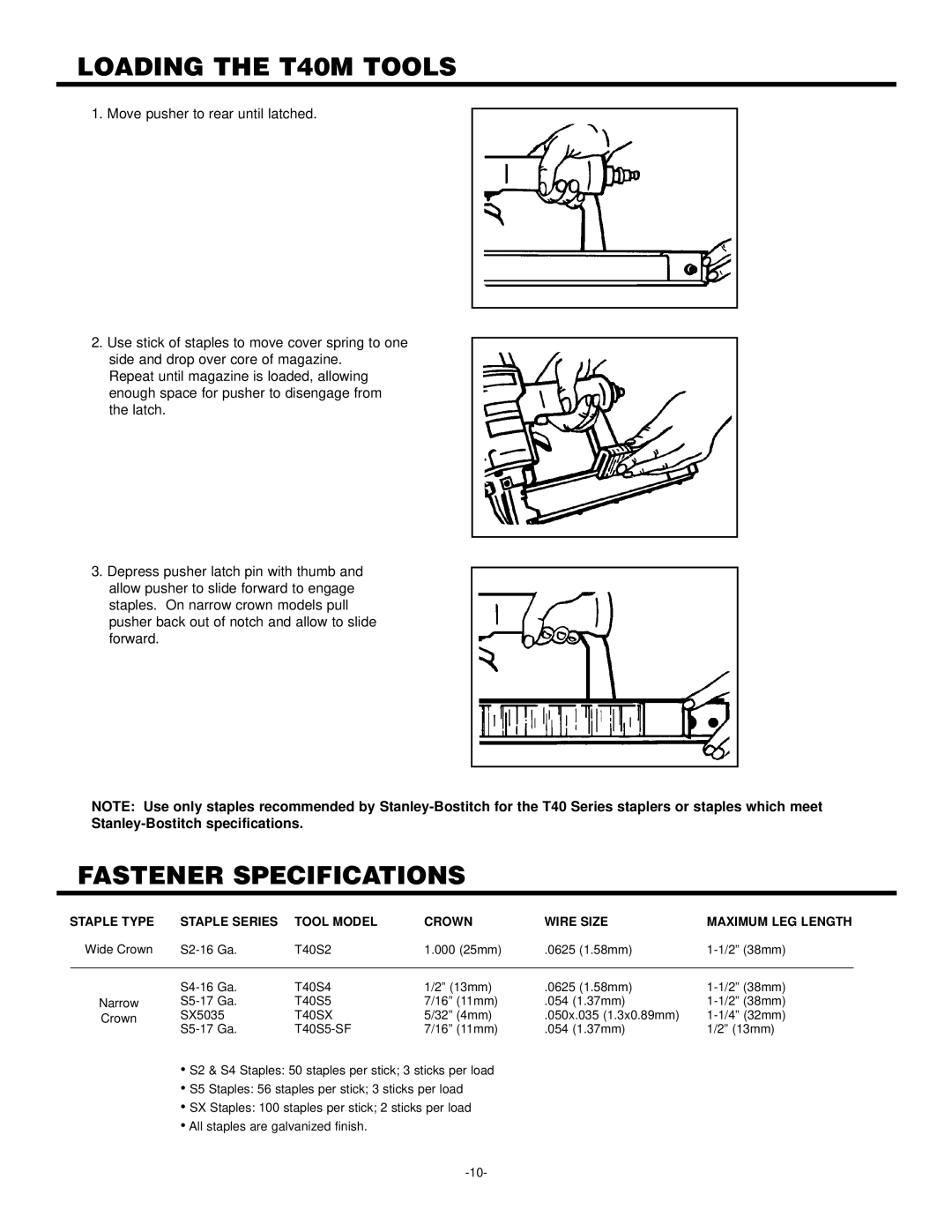 Bostitch 102272REVB 3/97 manual Loading the T40M Tools, Fastener Specifications 