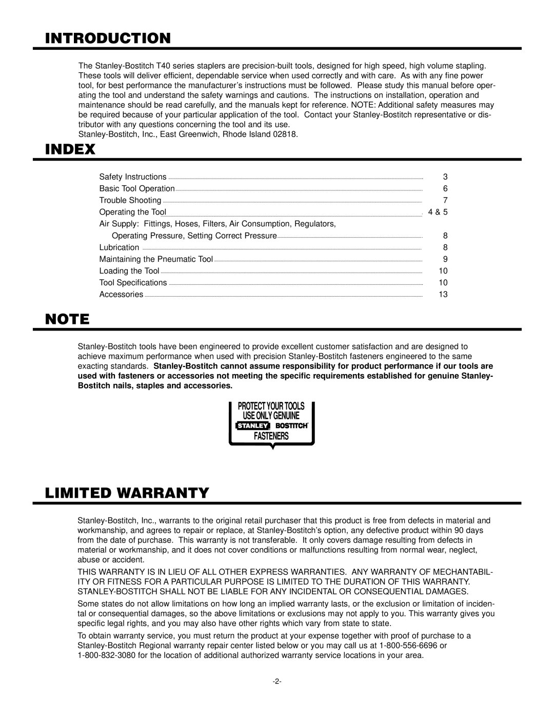 Bostitch 102272REVB 3/97 manual Introduction, Index, Limited Warranty 