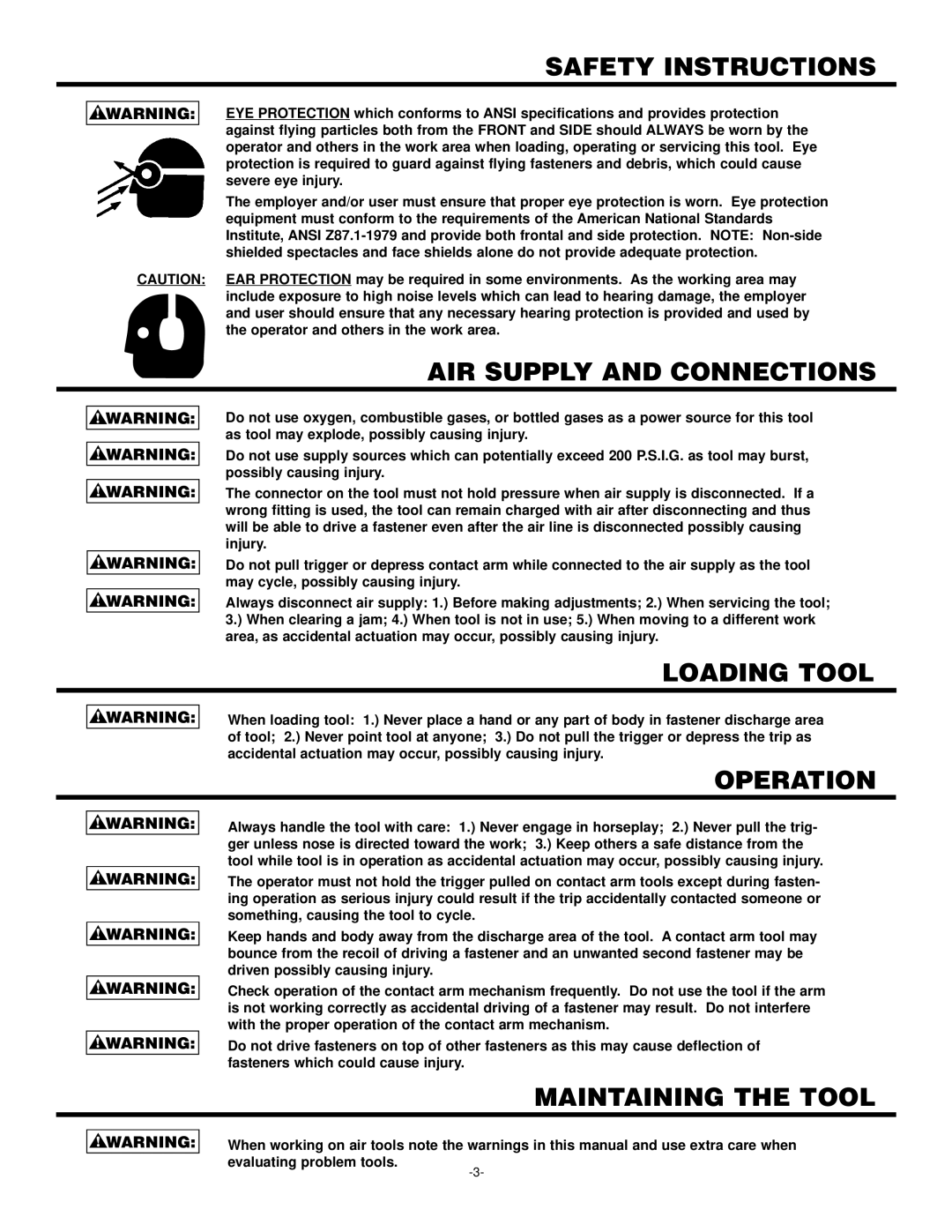 Bostitch 102272REVB 3/97 Safety Instructions, AIR Supply and Connections, Loading Tool, Operation, Maintaining the Tool 