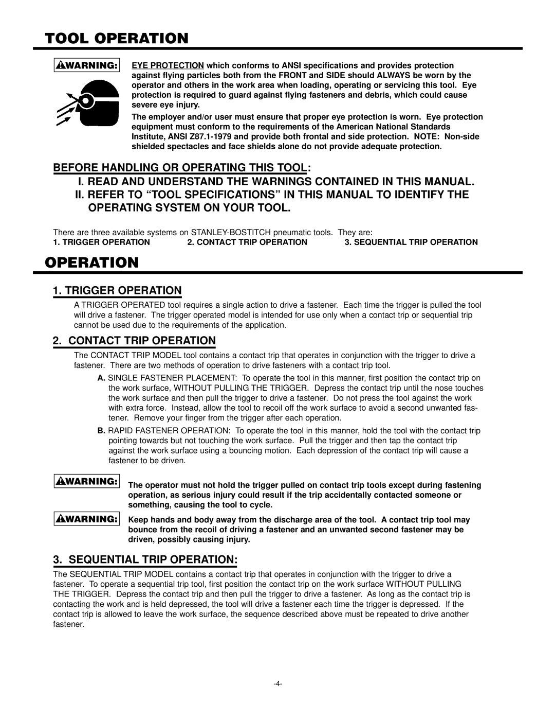 Bostitch 102272REVB 3/97 manual Tool Operation, Trigger Operation, Contact Trip Operation, Sequential Trip Operation 