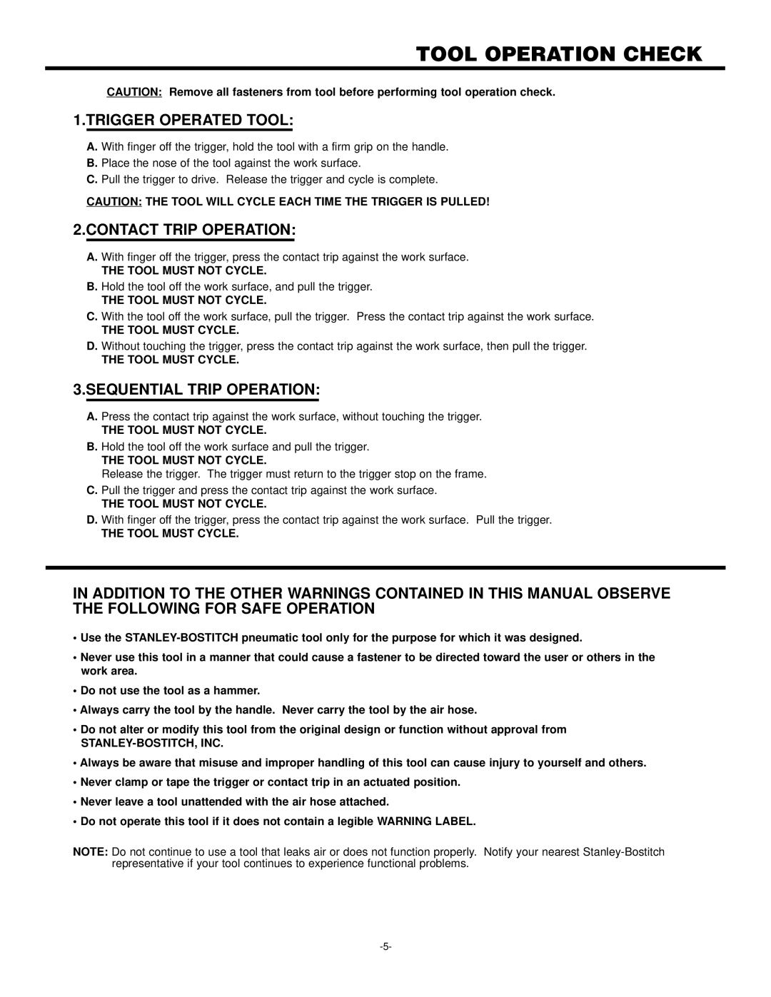 Bostitch 102272REVB 3/97 manual Tool Operation Check, Trigger Operated Tool 