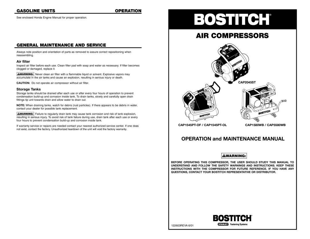 Bostitch 122603REVA 6/01 warranty Gasoline Units Operation, General Maintenance and Service 