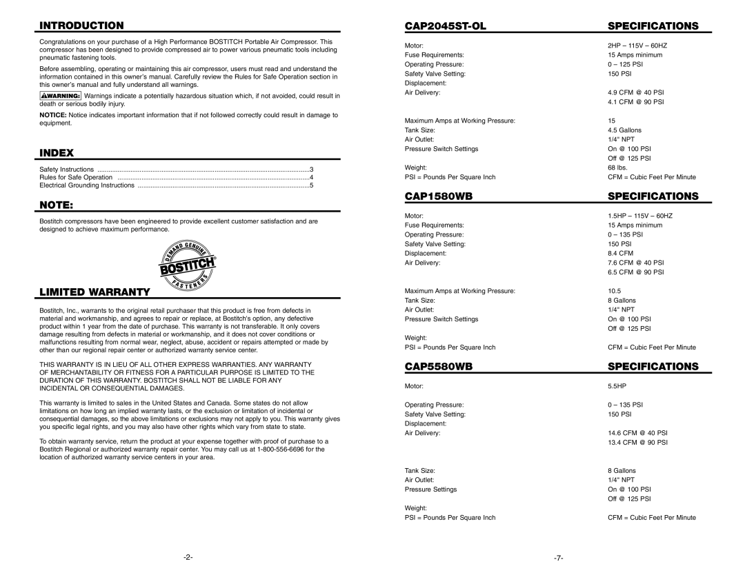 Bostitch 122603REVA 6/01 Introduction, Index, Limited Warranty, CAP2045ST-OL Specifications, CAP1580WB Specifications 