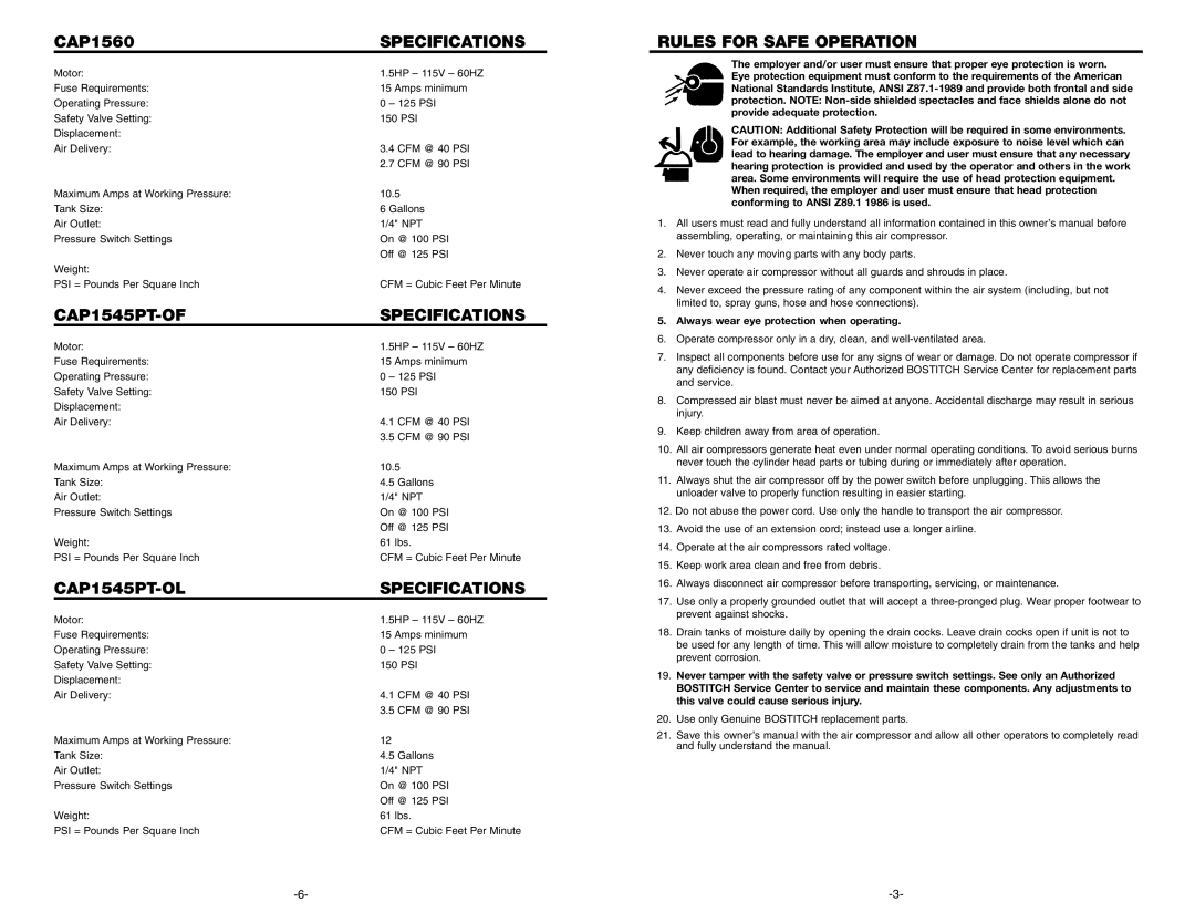 Bostitch 122603REVA 6/01 warranty CAP1545PT-OF Specifications, CAP1545PT-OL Specifications, Rules for Safe Operation 