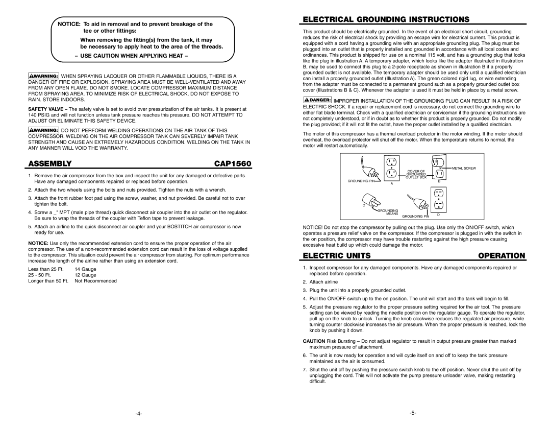 Bostitch 122603REVA 6/01 warranty Assembly, Electrical Grounding Instructions, Electric Units Operation 