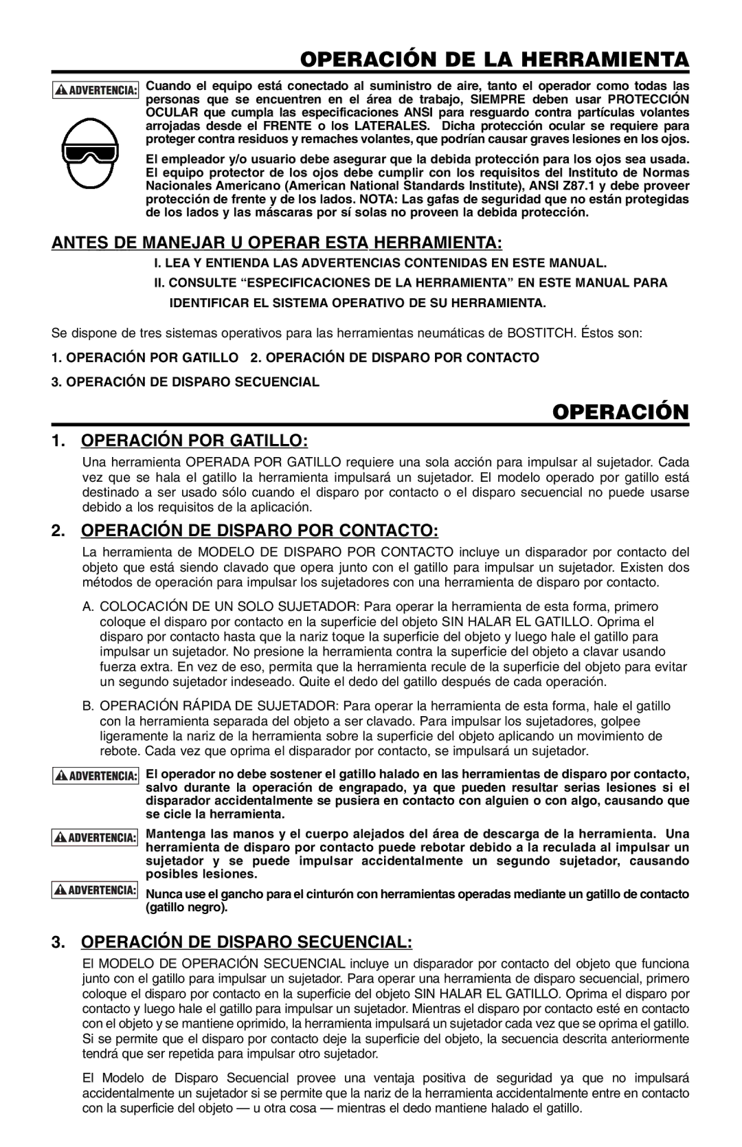 Bostitch 166066REVE manual Operación DE LA Herramienta, Antes DE Manejar U Operar Esta Herramienta 