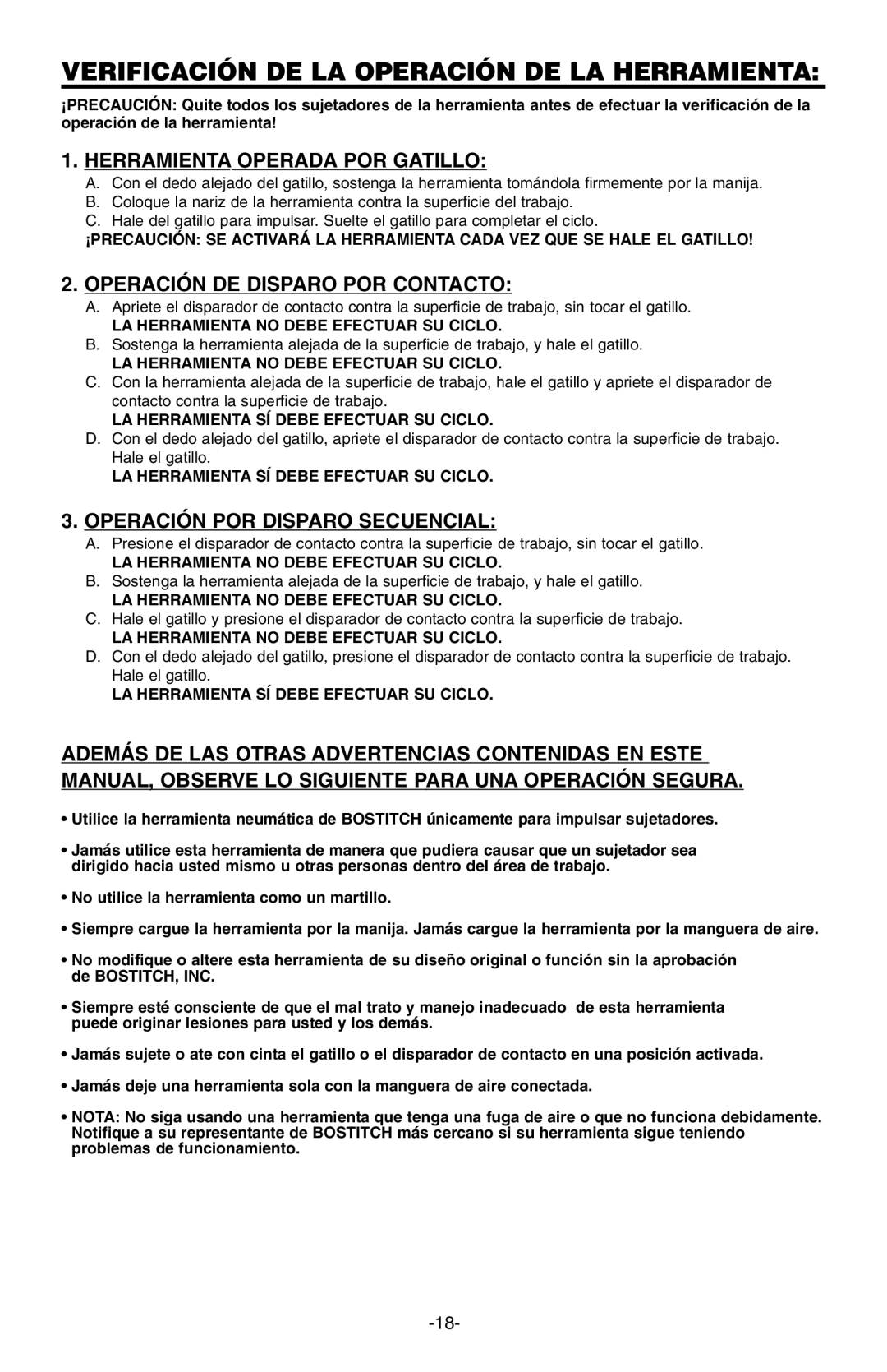 Bostitch 166066REVE manual Verificación DE LA Operación DE LA Herramienta, Herramienta Operada POR Gatillo 