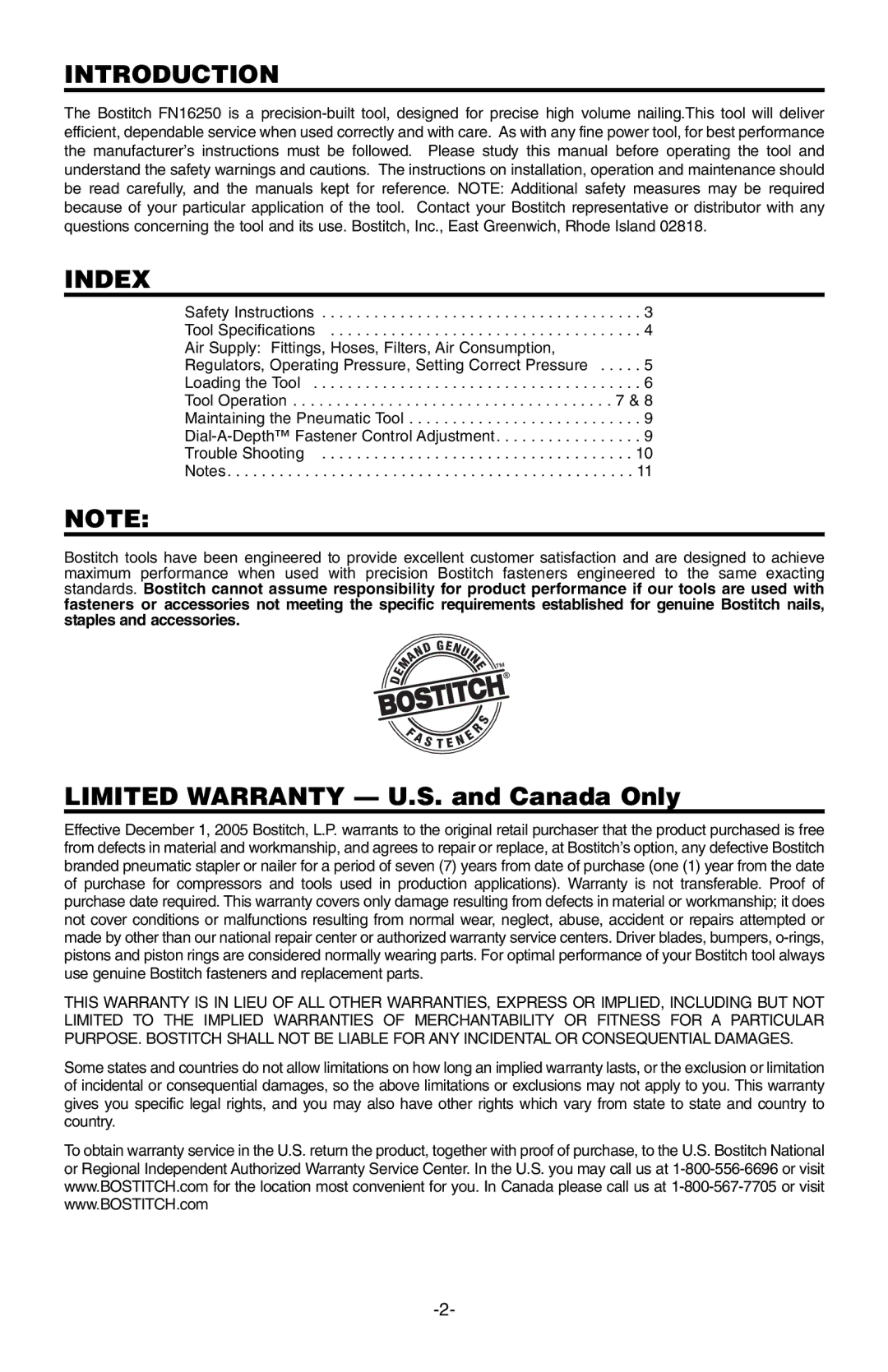 Bostitch 166066REVE manual Introduction, Index 