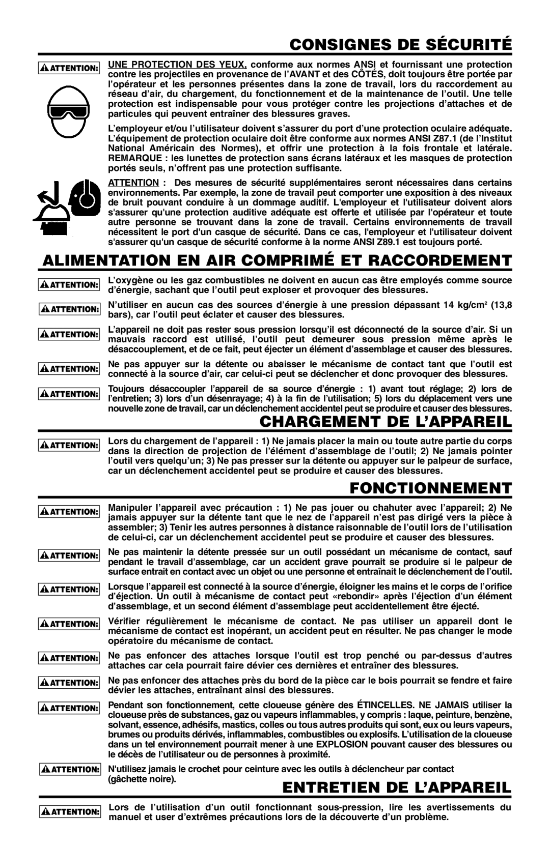 Bostitch 166066REVE manual Consignes DE Sécurité, Alimentation EN AIR Comprimé ET Raccordement, Chargement DE L’APPAREIL 